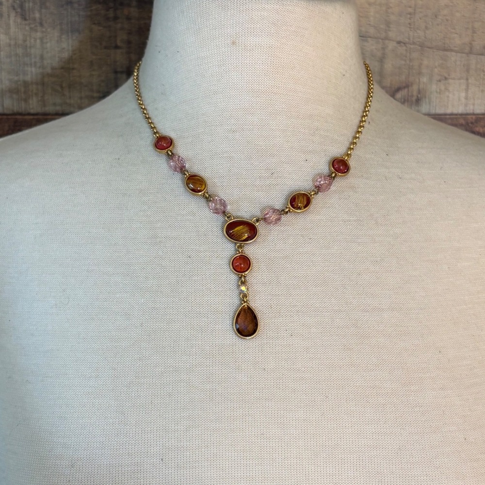 Gold Tone Amber Pink Terracotta Beaded Y-Drop Necklace Adjustable